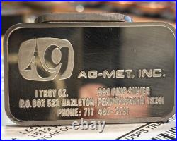 Very Rare Engelhard AG-MET, INC 1 Troy Oz 999 Fine Silver Bar 1975 1,000 Minted