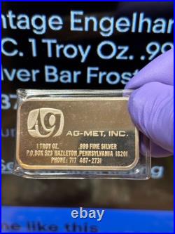 Very Rare Engelhard AG-MET, INC. 1 Troy Oz. 999 Fine Silver Bar Frosted Back