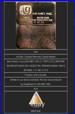 Very Rare Engelhard AG-MET, INC. 1 Troy Oz. 999 Fine Silver Bar Frosted Back
