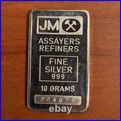 Vintage Johnson Matthey 10 Gram Silver Bar. 999 Fine Pure Bullion JM Serialized